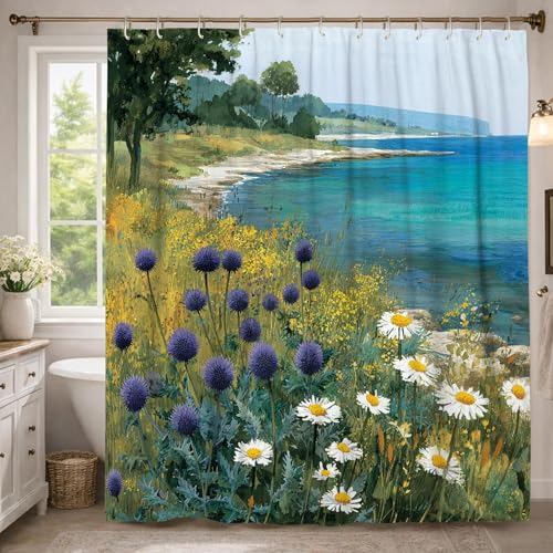 Chrysanthemen-Duschvorhang, Naturlandschaft, Distel, Wildblumen, Sommerblau, Polyester, wasserdicht, Toilettenstoff, Duschvorhänge für Badezimmer, Toilette, Gästezimmer, Dekoration, 137 x 198 cm