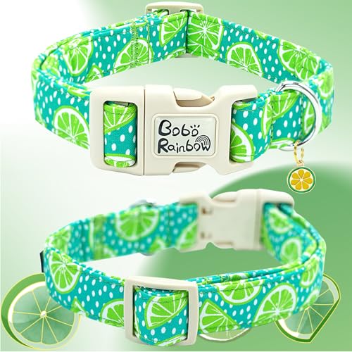 Image of Summer Fresh Green Lime Print Dog Collar for Small Dogs | Green Lemon,Beach Trip,Pool Party,Daily Walking,Adjustable,Cotton Fabric,Quick Release Plastic Buckle,Pendant,Female /Male Dog
