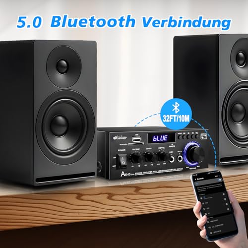 Woopker AK45 PRO Amplificador Audio, 2.0CH Bluetooth 5.0 50Wx2 Salida HiFi Amplificador de Potencia de Audio, Receptor estéreo Amplificador Audio para Cine en Casa, Coche Altavoz W/2 Mic/USB/Radio FM - imagen 2