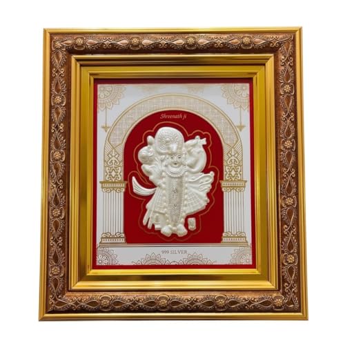 Image of BHAGWATIJEWELS 999 Pure Silver Shrinathji Frame | Divine Home Decor | Wall Mount Square Photo for Gift, Wooden PhotoFrame for Temple & OfficeDecor, SilverGift Items | hangingframe (10.50 inch x 9 inch Inch)