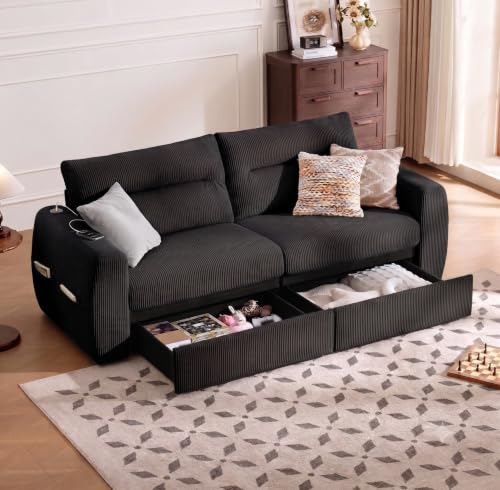 Image of 88.6 inch Modern Oversized Storage Loveseat Sofa, Small Couches for Living Room | Corduroy Black, USB Charging, Pull-Out Storage, Deep Seat, Comfy Love Seat for Small Spaces, Apartment, Bedroom, Dorm, Office