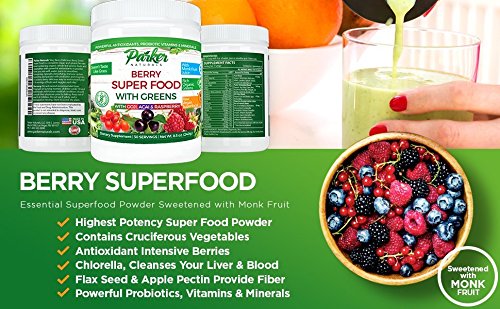 Berry Green Superfood Powder with Organic Greens & Organic Fruits, Enzymes, Probiotics, Antioxidants, Vitamins, Minerals - Alkalize & Detox - Non GMO, Vegan & Gluten Free - 240 Grams...