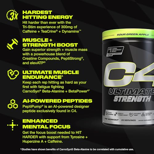 Image of Cellucor C4 Ultimate Strength Pre Workout Powder - Tri-Stim Experience 300mg Caffeine+TeaCrine+Dynamine - Creatine & Beta-Alanine - Energy Supplement for Men & Women - Sour Green Apple, 20 Servings