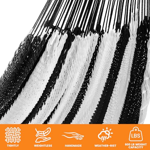 Image of Lazy Daze Hammocks Handwoven XL Mayan Hammock, 10.5 FT Soft Rope Double Hammocks, Portable Outdoor Hammock with Carry Bag, 2 Straps & Carabiners for Patio Outside, 550 lbs Weight Capacity, Black /White