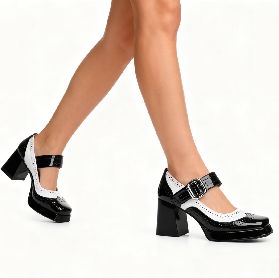 Platform Mary Jane Heels for Women Chunky Low Block Heels Patent Mary Jane Round Toe Pumps with Buckle Strap Retro Fashion Closed Toe Dress Shoes - Image 4