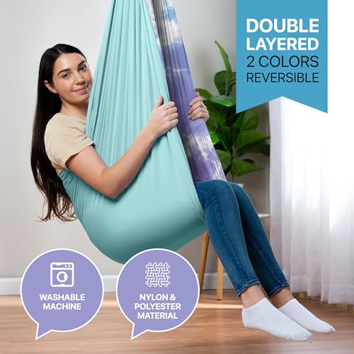 Image of Indoor Sensory Swing for Kids or Outdoor - Holds 300lbs, Double-Layer, & 360 Swivel, Calming Compression Therapy Swing Hammock for Kids & Adults with All Hardware - Sensory-Motor Toys & Gifts