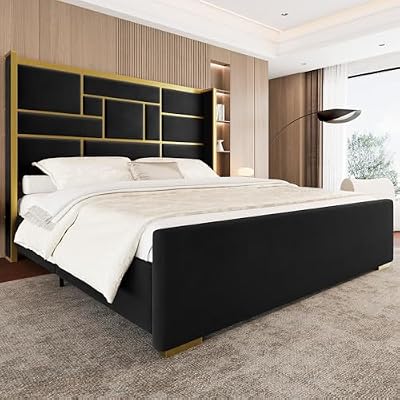 Uteeran King Bed Frame with 55.12" Tall Headboard, Modern Luxury Velvet Upholstered Platform Bed with Gold Trim, Wide Wingback Design,No Box Spring Needed, Easy Assembly, Noise-Free, Black