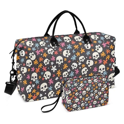 Skulls and Flower Travel Duffle Bag,Large Weekender Travel Bag for Women Men Waterproof Luggage Bag with Trolley Sleeve,Airplane Travel Essentials for Flying