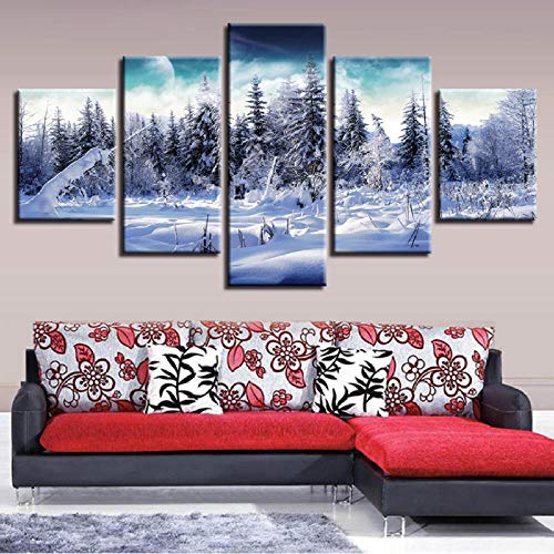shuyinju Imágenes de Lienzo Decoración de la Sala 5 Piezas Invierno Nieve Bosque Árboles Pintura Impresiones HD Cartel Natural Modular Wall Art Framework-30x60cmx2 30x80cmx1