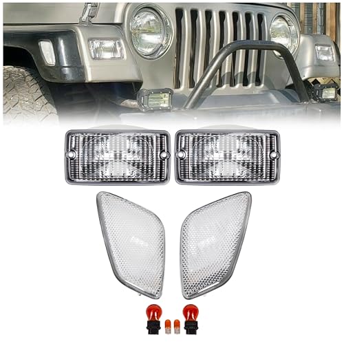 ECOTRIC Clear Bumper Signal + Fender Side Marker Lights Combo Compatible with 1997-2006 Jeep Wrangler TJ Turn Signal Parking Lights Replacement for 55055020AC 55055020AD