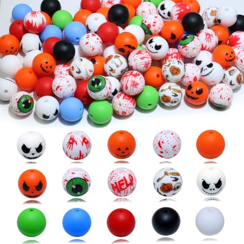 90pcs Halloween Silicone Focal Beads for Keychain Making 15mm Bulk Kit Loose Beads for Pens Bracelet Jewelry Making Crafts Decorations Accessories