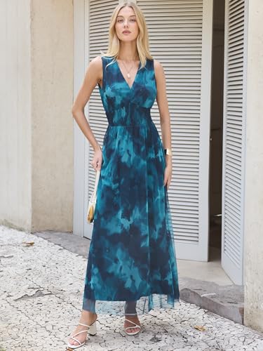 Image of ANRABESS Women's Floral Tulle Wedding Guest Maxi Dress | V Neck Sleeveless,A-Line Elastic Waist,Casual Flowy Formal Boho,Bridal Shower Garden Party Beach Vacation,Summer Fall