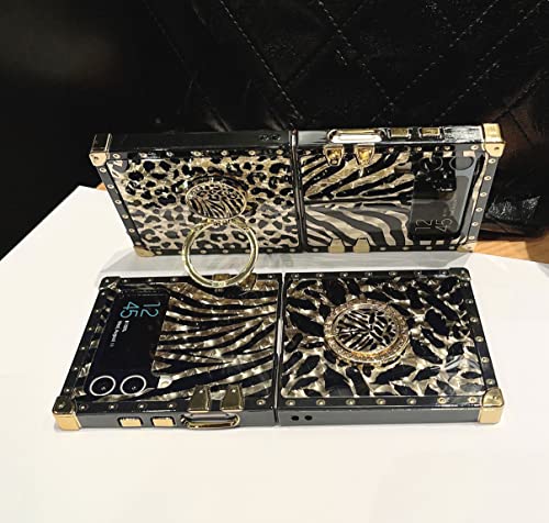 Lxxzbc For Samsung Galaxy Z Flip 3 Trunk Case,Luxury For Women Girls Box Design Gold Glitter Bling Cute Leopard Pattern Soft Cover With Finger Ring Grip Kickstand Phone Skin #TOP2