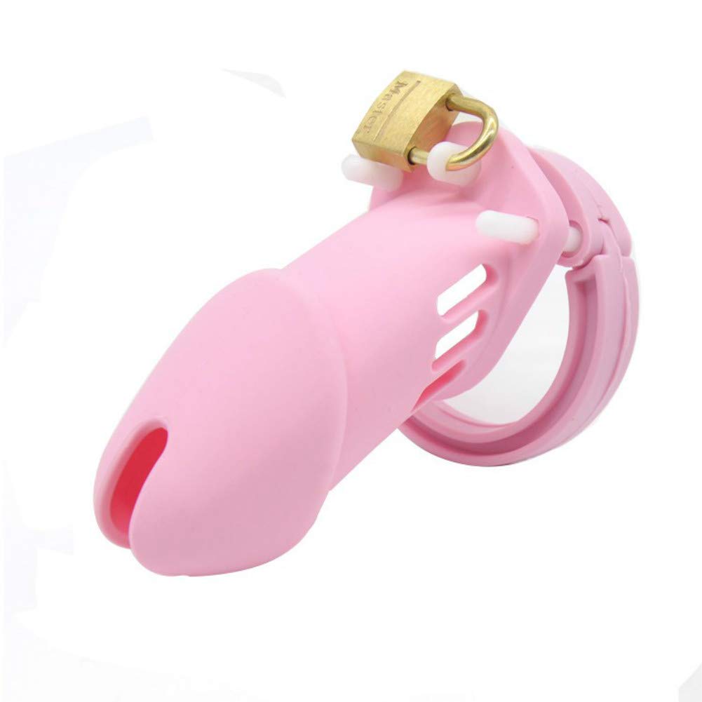 Dispositif de chasteté masculine en silicone Serrure et clé de cage de chasteté pour hommes Cage à coq avec 5 anneaux(Pink)