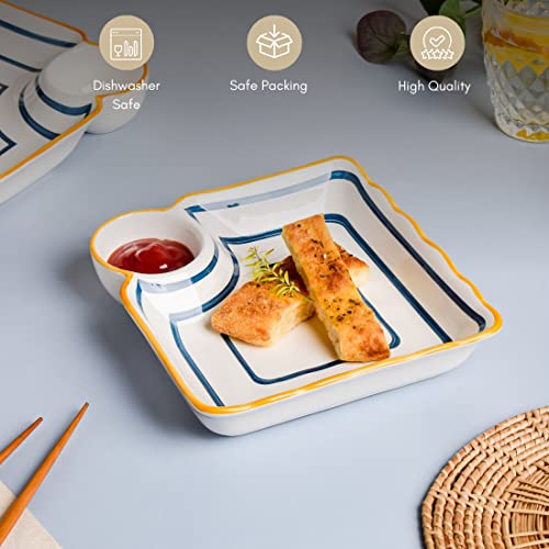 Image of Nestasia Set of 2 Ceramic Chip and Dip Snack Plate with Dip Section | Microwave & Dishwasher Safe Starter Plates | Perfect for Fries, Momos, Sushi, Kebab (White & Blue)