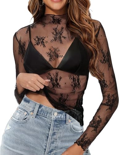 Buauty Mesh Long Sleeve Top for Women, Lace Sheer Tops See Through Mock Neck Floral Embroidery Sheer Blouce Fishnet Shirt Black