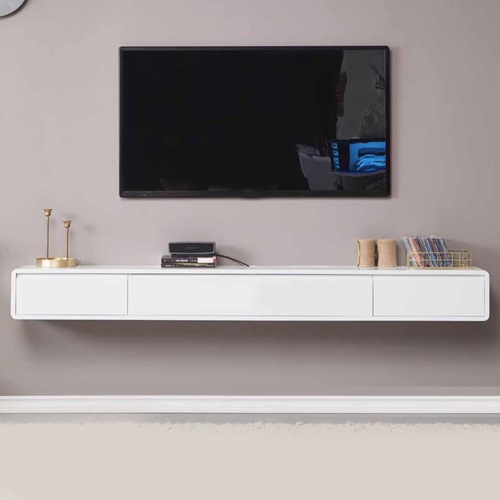 Pływający stojak na telewizor - naścienna drewniana konsola telewizyjna - centrum rozrywki Multima - 200 cm/78,7 cala biały - elegancka dekoracja domu do salonu i sypialni