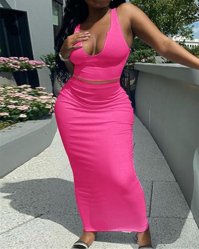 Image of Women Sexy Two Piece Skirt Outfits Long Sleeve /Sleeveless V Neck Bodycon Ribbed Knitted Maxi Club Party Dress