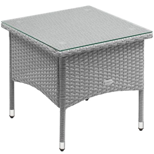 Casaria® Table d'appoint en polyrotin Gris 50x50x45cm Table Basse de Jardin carrée avec Plaque en Verre Petite Table extérieur