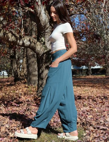 Image of TARSE Women's Linen Wide Leg Pants Baggy High Waist Palazzo Pants | Barrel Leg Fit, Harem Patch Pockets, Loose Casual Style, Breathable Fabric, Vacation Ready