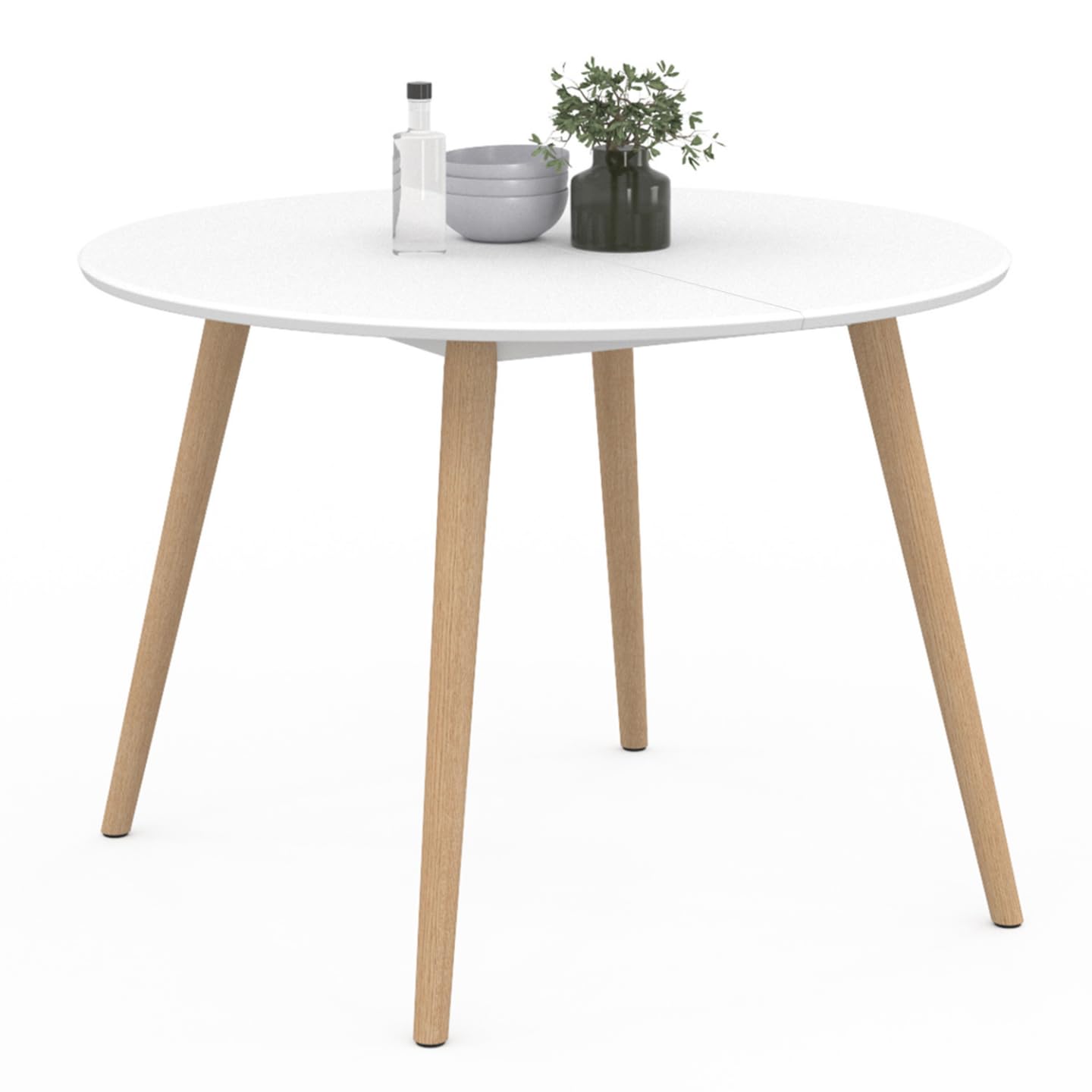 IDMarket Angela - Mesa de comedor redonda para 4 personas, color blanco, patas de madera, 110 cm
