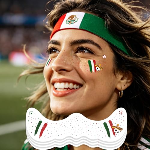 VXZ Green White Red Soccer Fan Freckles Face Tattoo - Tricolor Brushstroke Temporary Tattoos | Waterproof Sports Sparkle Stickers for Football Matches & Fiesta Celebrations (8 Sheets)