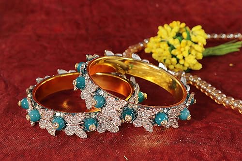 Image of LAVAZZA Stylish Butterfly Design Golden Metal with Zircon Diamond & Pearls Moti Bangles Kada For Women & Girls | Traditional Girl's Bangles Bracelet | Women's Kangan Wedding, Party-Set of 2