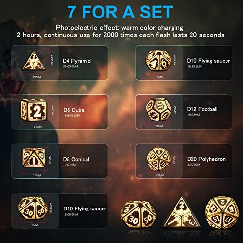 Dungeons and Dragons Gifts Dice,20S Shine Light up DND Dice Set with Rechargable Box,7PCS D&D Dice Large Polyhedral Dice for Role Playing RPG Game D20 D12 D10 D% D8 D6 D4 (20S Shine-Warm Light1)