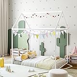 linor House Bed Frame Floor Height Platform Bed,Wood Floor Bed Frame for Kids,Toddlers House Floor Bed with Roof and Slat,Bed with Headboard & Footboard for Children Boys Girls Teens (White, Full)