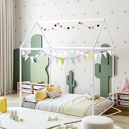 linor House Bed Frame Floor Height Platform Bed,Wood Floor Bed Frame for Kids,Toddlers House Floor Bed with Roof and Slat,Bed with Headboard & Footboard for Children Boys Girls Teens (White, Full)