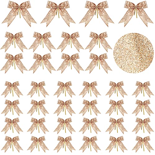 Waydress 36 Pieces Bow Decor, Christmas Tree Bow Ornament, Glitter Ribbon Bowknot for Wreath Garland, Party Crafts Home Decoration, 3 Sizes 4.3 x 4.7, 5.1 x 5.5, 6.3 x 6.7 Inch(Champagne Gold)