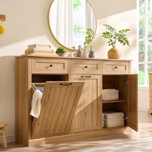 Image of IFBUY Triple Tilt Out Laundry Hamper Cabinet, 20 Gallon Farmhouse Trash Can Cabinet w /Drawer & Adjustable Shelf, Hidden Garbage Can Bin Cabinets w /Laundry Basket for Bathroom, Kitchen (Natural)