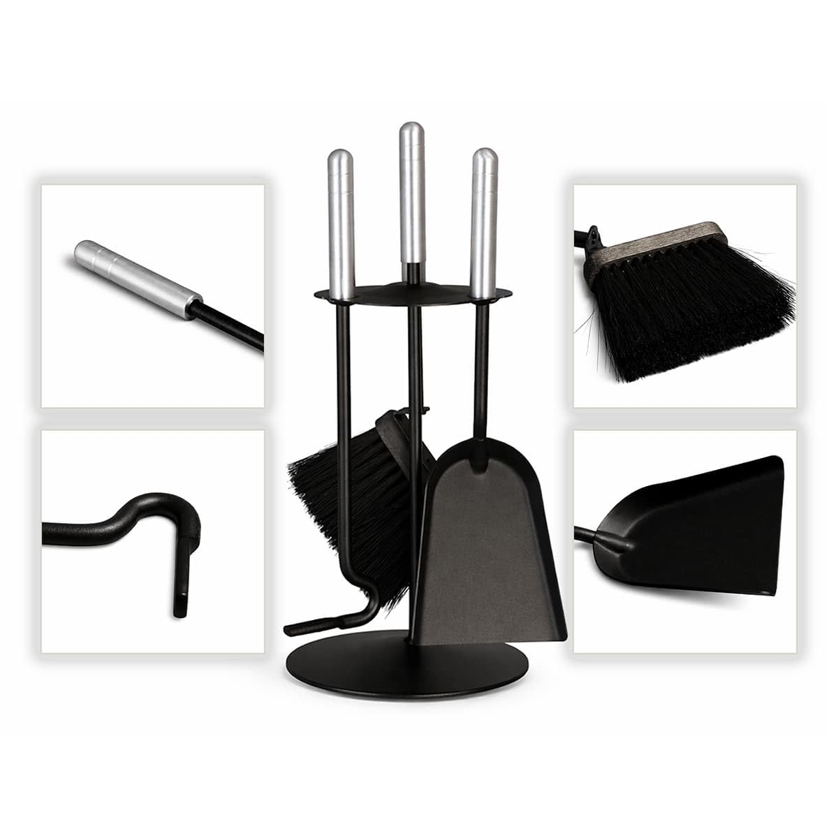 MS Beschläge Kaminbesteck 4-tlg. schwarz pulverbeschichtet – modernes Ofenbesteck Kamin-Set mit Schürhaken, Schaufel und Besen - kompakt & platzsparend - Kamingarnitur rund Griffe Aluminium gebürstet