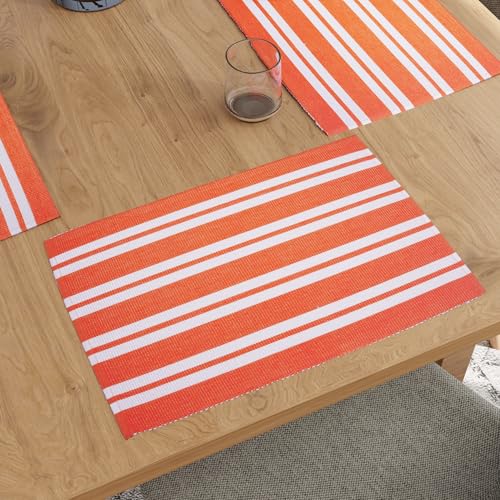 Image of Encasa XO Dining Table Mats Set of 6, 46x32 cm | Handmade Franca Orange Stripes Ribbed Cotton Table Mat | Heat-Resistance Table Placemats, Non-Slip, Washable & Durable Place mat for Dining Table