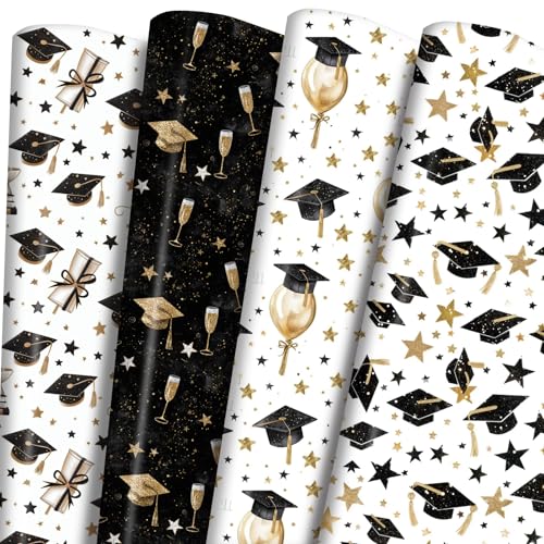 PlandRichW 2026 Graduation Wrapping Paper - 12 Sheets 4 Elegant Black & Gold Designs (Grad Cap Champagne) Folded 20 x 29 for Graduation Gifts Parties High School & College