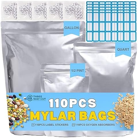 Mylar Bags For Food Storage -110pcs 10 Mil Thick Mylar Bags with Oxygen Absorbers 400cc, Ziplock Bag Assorted Size Variety Gallon, Quart, 1/2 Pint Labels Long Term & Large Storage, Heat & Vacuum Seal… Cover
