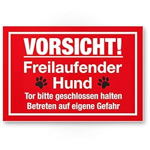 Komma Security Vorsicht freilaufender Hund – Hunde Kunststoff Schild Hinweisschild Gartentor Gartenzaun – Türschild Haustüre Warnschild Abschreckung Einbruchschutz – Achtung Hund