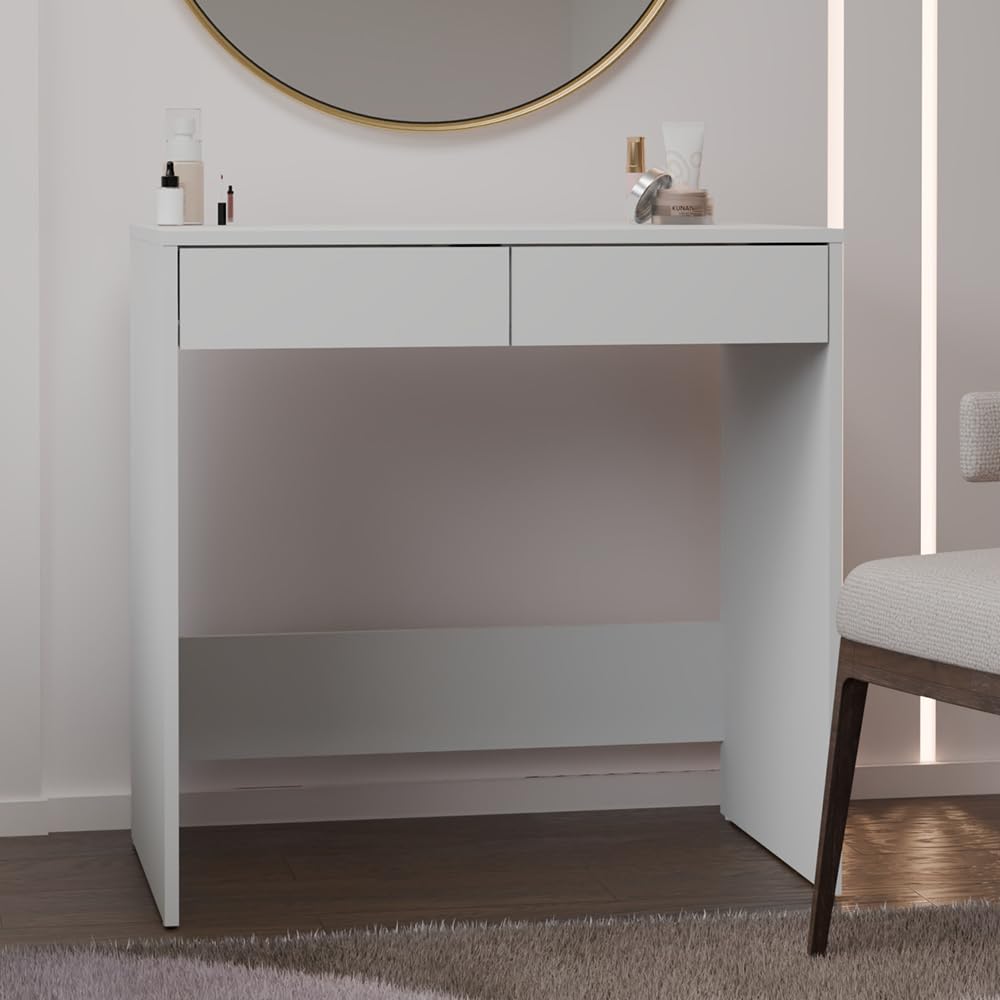 Scrivania Moderna Salvaspazio 81x80x50 cm, Scrittoio con 2 Cassetti per Cameretta e Studio, Tavolo PC Piccolo e Compatto, Superficie Antigraffio, Design Elegante, Bianco Opaco o Beige SCT13 (Bianco)