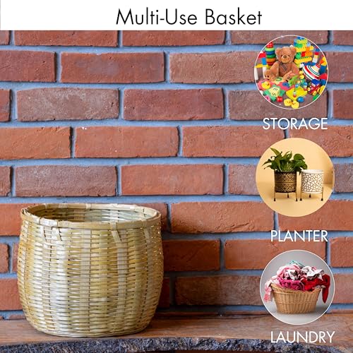 Image of Bamboo Basket - Versatile Indoor & Outdoor Use for Balcony, Terrace, Garden, Bedroom, Living Room, Flower Pot Storage for Toys, Clothes, Magazine, Laundry Basket (Small)