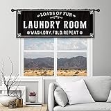 Cinbloo Funny Laundry Room Valance 52Wx18H Inch Rod Pocket Black and White Curtains for Laundry Room Decor Wash Dry Fold Sign Wall Art Vintage Neutral Topper Printed Window Drapes Fabric 1 Panel