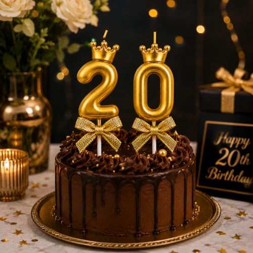 Image of Gold Crown Number 20 Birthday Candle for Cake Decoration | Premium Metallic Gold Anniversary & Birthday Cake Topper Candle Set for Women, Girls, Couple Celebration Party Decor, 2 pcs