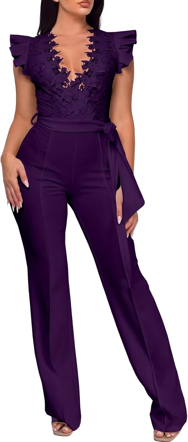 PaladMom Womens Elegant Plus Size Jumpsuits Sexy Back zipper Short Sleeve Mid Waist Wide Leg Straight Rompers