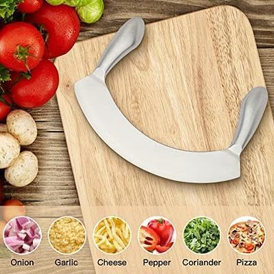 Image of Stainless Steel Mezzaluna Rocking Knife-Herb,Vegetable&Salad Chopper with Dual Handles for Easy, Efficient Cutting|Easy Grip Sharpe Edge Quick Food Preparation Cutter Tool|Pizza Slice Knives