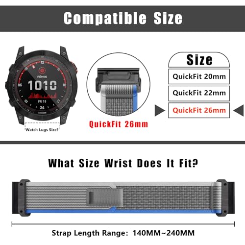 ZoRoll QuickFit 26 mm Nylon Strap for Garmin Enduro 3/Fenix 8 51mm/7X Pro Solar/7X/6X/5X/5X GPS, Sport Replacement Bracelet - Image 4