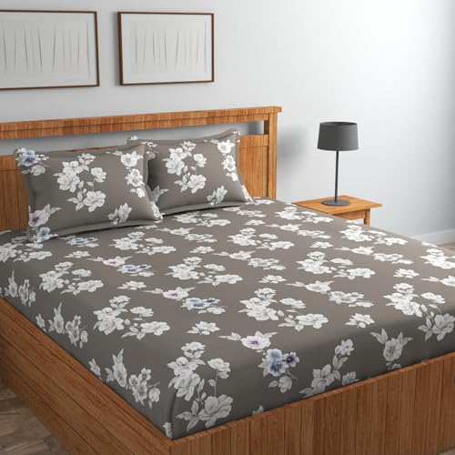 Image of Blue Strip Polycotton Fitted Bedsheet, King 72x78 (White Flower) | 300 TC | All-Round Elastic Grip | Soft, Breathable & Colourfast | Wrinkle Resistant | Machine Washable