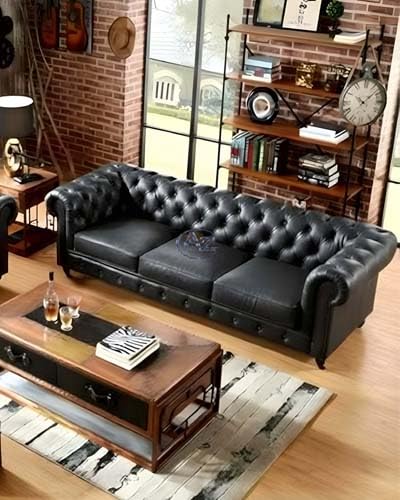 Image of A to Z Furniture Classic 3+2=5 Seater Sofa Set with Wooden leg's & with Luxury Chesterfield Leatherette Sofa in for Home Living Room & Office (3+2 Black)