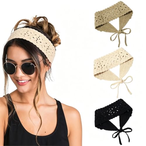 Image of MAYCREATE 3 Pack Crochet Headbands for Women Pretty Boho Knit Floral Hair Wrap with Adjustable Tie Up Design for Daily Wear Traveling and Parties Use