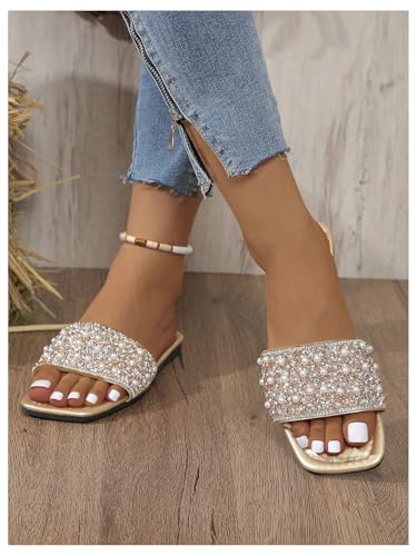 OYOANGLE Women's Rhinestone Flat Sandals Squared Slip on Open Toe Slide Sandals Slippers4