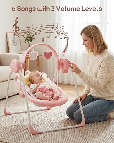 Image of Baby Swing, Portable Baby Swings for Infants, Infant Swings for Newborn, Baby Girl Swing with Music, Timing, Soft Head Support, 0-6 Months 6-20 lbs
