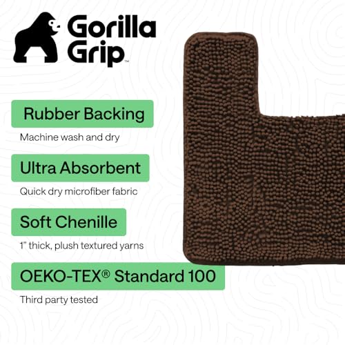 Image of GORILLA GRIP Plush Absorbent Shaggy Chenille Bath Rug Mat for Square Toilet Base with Rubber Backing, Machine Washable Rugs, Soft Microfiber Contour Mats for Toilets, Bathroom Decor, Brown